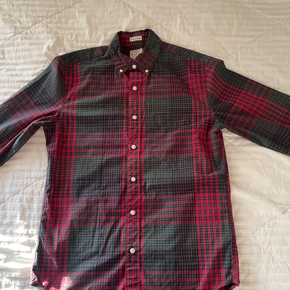 J-Crew Men's Red and Green Plaid Shirt